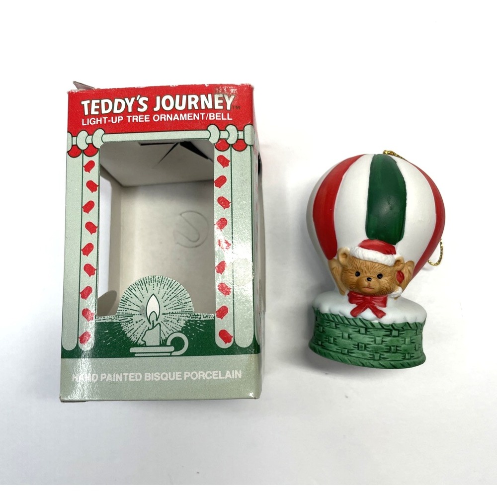 Vtg Storytime Bells Teddy's Journey Light-Up Hot Air Balloon Bell Ornament